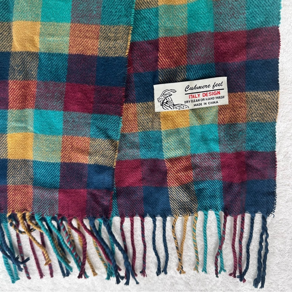 Italy Design | Multi JewelColored Check Plaid Cashmere Feel Fringed Scarf Unisex